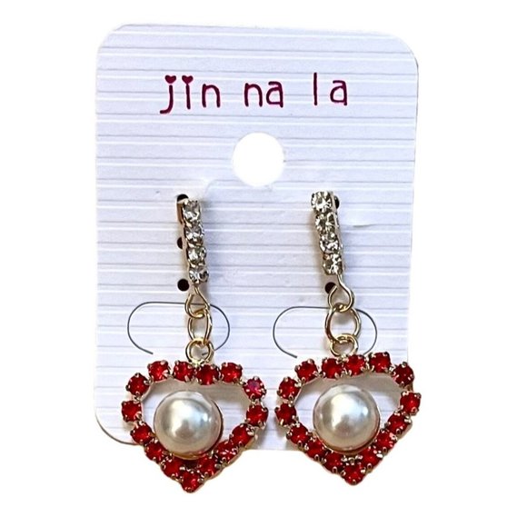 Red Rhinstone Heart Earrings Faux Pearl Center Post Closing Goldtone New 1.5" - Picture 3 of 7